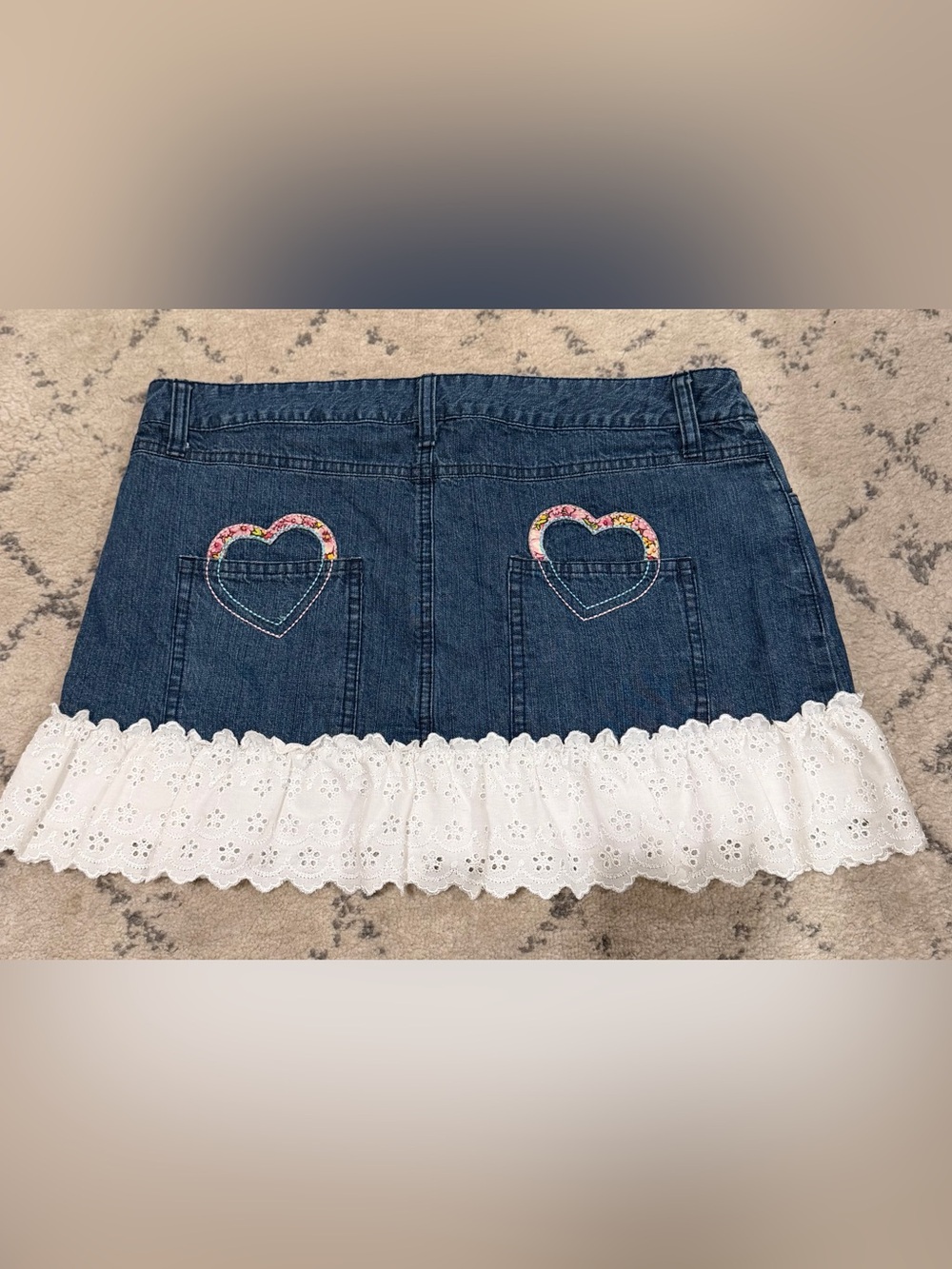 Victoria's Secret Y2K Blue Denim Mini Skirt with White Eyelet Ruffle - Picture 7 of 10